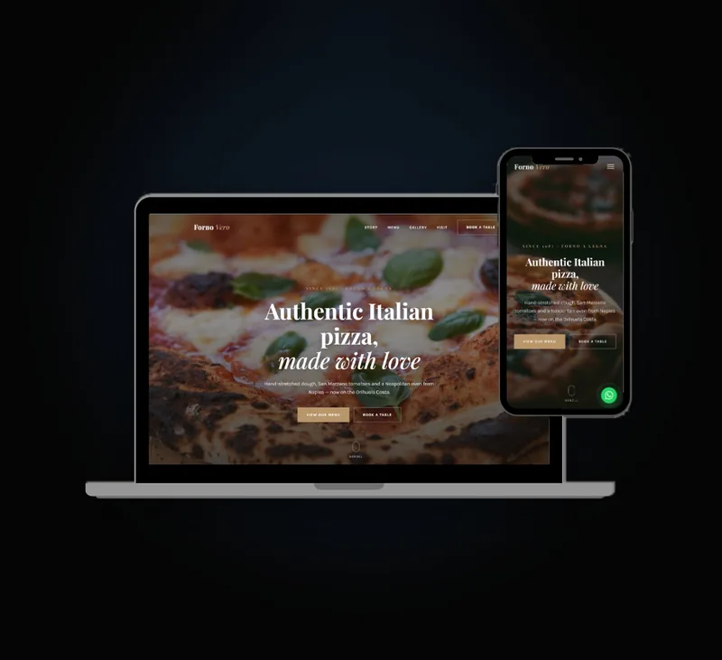 Forno Vero — hero de la página de inicio con imágenes de pizza al horno de leña