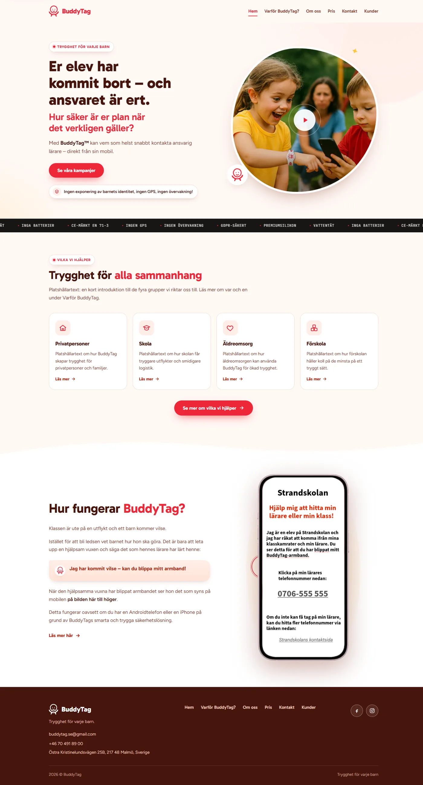 Página de inicio de BuddyTag en un navegador de escritorio, desplazándose por toda la página