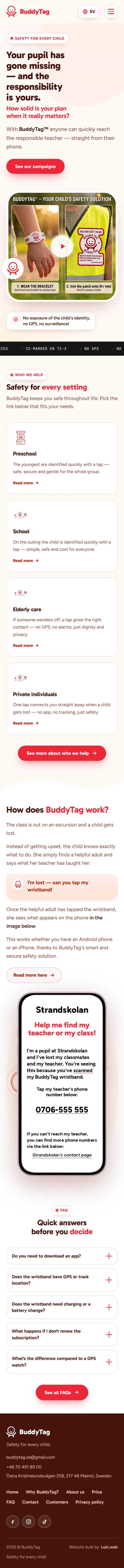 Página de inicio de BuddyTag en un teléfono, desplazándose por toda la página