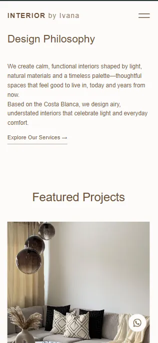 INTERIOR by Ivana 'Design Philosophy' and 'Featured Projects' section on mobile