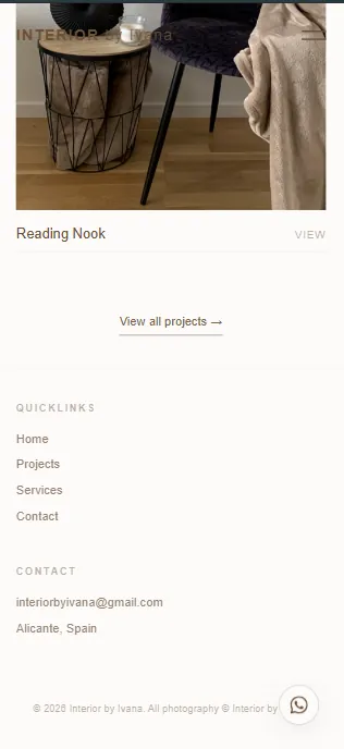 INTERIOR by Ivana 'Reading Nook' project and site footer on mobile
